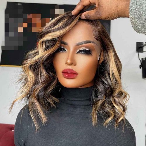 Highlight Bob Wig Human Hair 13x4 HD Lace Front Wigs Human Hair Pre Plucked Glueless Short Body Wave Bob Wigs for Women Human Hair 180 Density Ombre Brown Honey Blonde P4/27 Loose Wave Bob Wig 14 inch