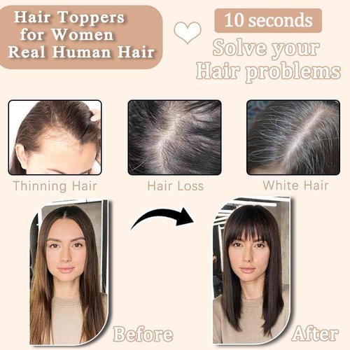 HVVZOY Hair Toppers for Women Real Human Hair,360°3D Big Basement Cover Topper for Women with Thinning Crown with Wispy Clip in Bangs Realistic Scalp (1B, 3D Wispy Bangs 14INCH)