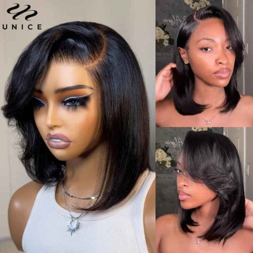 UNICE 12 inches Short Bob Wig human Hair with Blow Out Bangs 4X4 Lace Glueless Wigs Human Hair Pre Plucked Bleached Knots Pre Cut Lace Ready to Wear Wig