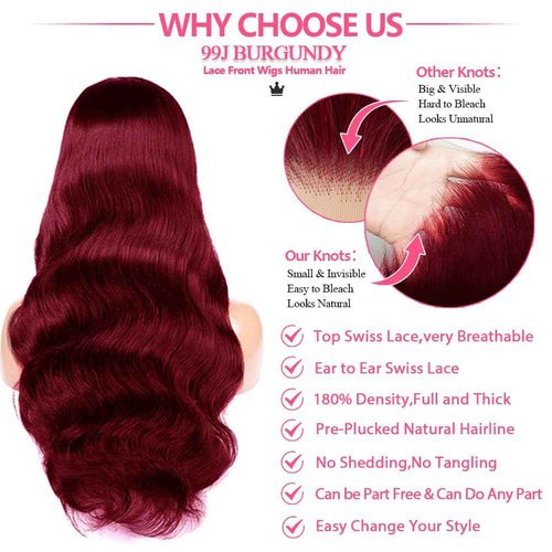 KOCOPOM 24inch Burgundy Lace Front Wigs Human Hair 13x6 Body Wave HD Lace Frontal Wigs Pre Plucked 180% Density Glueless Wigs Red Wig Wine Red for Women with Baby Hair