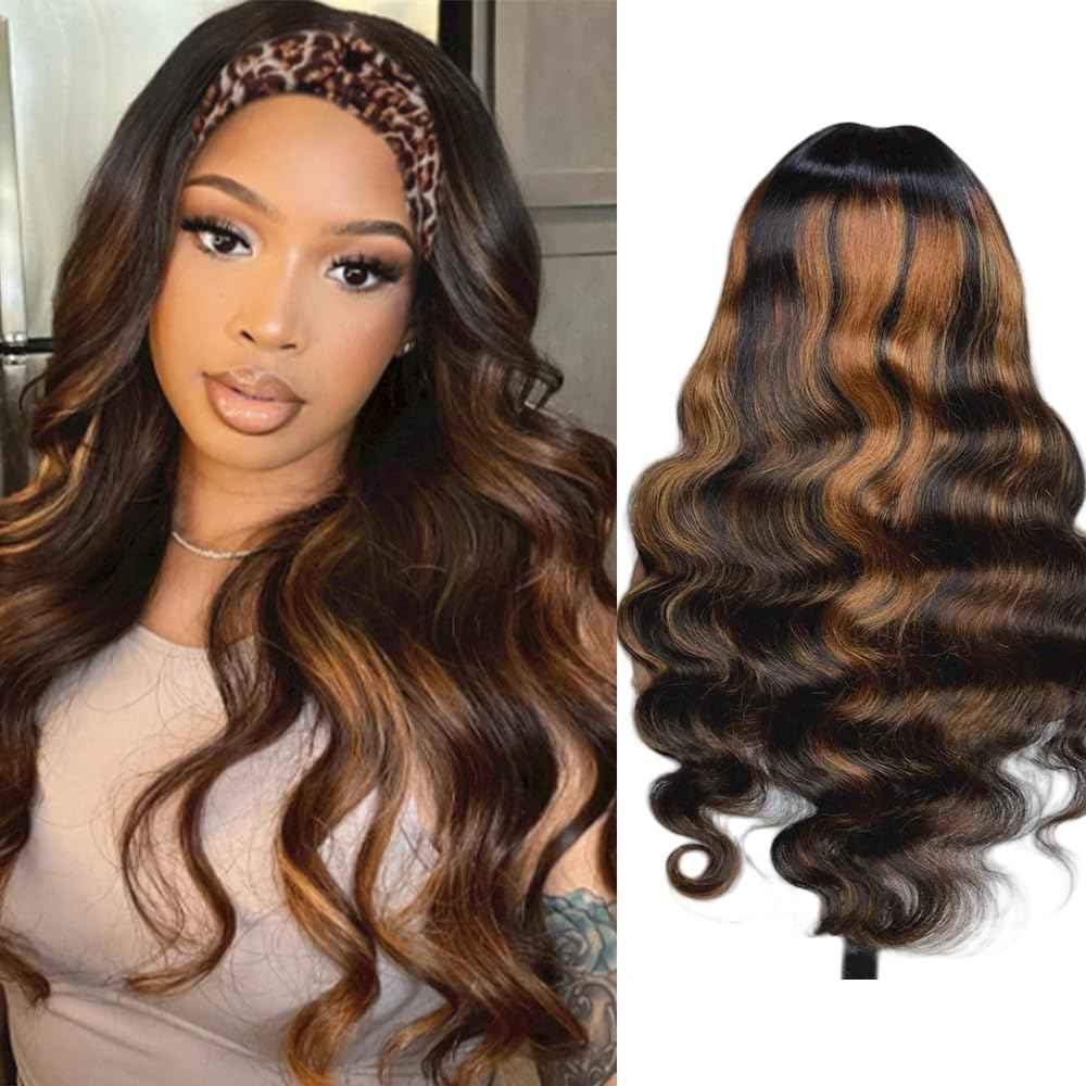 Ghaadd Headband Wig Human Hair Body Wave Headband Wigs for Black Women human hair 1b/30 color Wear and Go Glueless Wig 100% Brazilian Virgin Human Hair Headband wig 150% Density(20inch)