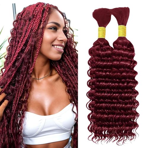 Burgundy Human Braiding Hair 26 Inch Deep Wave Bulk Human Hair for Braiding No Weft 2 Bundles 100g Curly Braiding Hair Brazilian Curly Human Hair Extensions for Boho Braids 99J Red Braiding Hair