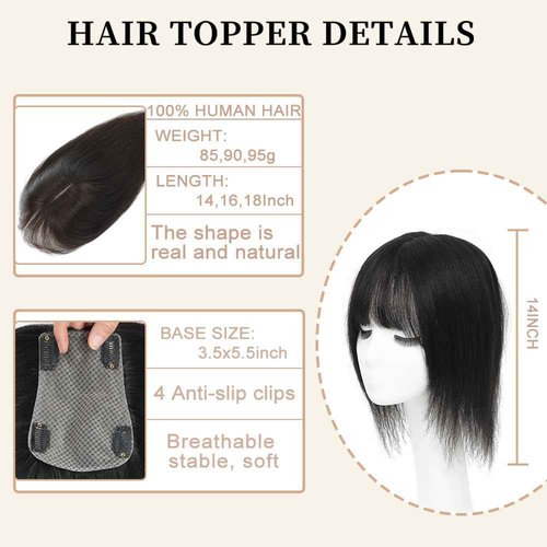 HVVZOY Hair Toppers for Women Real Human Hair,360°3D Big Basement Cover Topper for Women with Thinning Crown with Wispy Clip in Bangs Realistic Scalp (1B, 3D Wispy Bangs 14INCH)