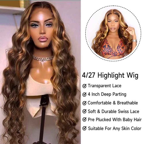 KeaBalo 28 Inch Highlight Ombre Lace Front Wig Human Hair Pre Plucked Body Wave Frontal Wigs 180% Density 4/27 Colored 13x4 Honey Blonde Lace Front Wig Human Hair for Women