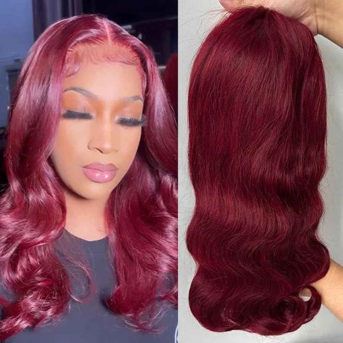 Caijuxing 99j Burgundy Glueless Body Wave Bob Wig Human Hair 200% Density With Baby Hair 4x4 Hd Lace Closure Wigs For Black Women Wear And Go Glueless Bob Wig (14 Inch)