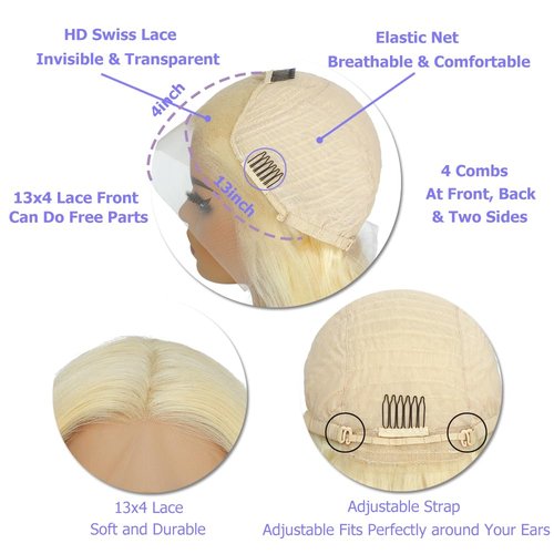 613 Blonde Bob Wig Human Hair 13x4 Lace Front Wigs Human Hair 180% Density Bob Wig Human Hair Blonde Pre Plucked With Baby Hair HD Frontal Lace Wigs for Women 16 inch