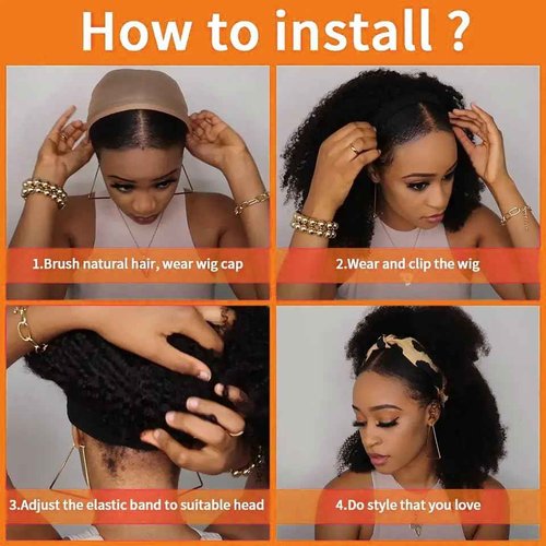 XSY Headband Wig Human Hair for Black Women Kinky Curly Headband Wig Glueless Brazilian Hair None Lace Front Wigs 150% Density Half Wigs Natural Colour 150% Density (24inch)