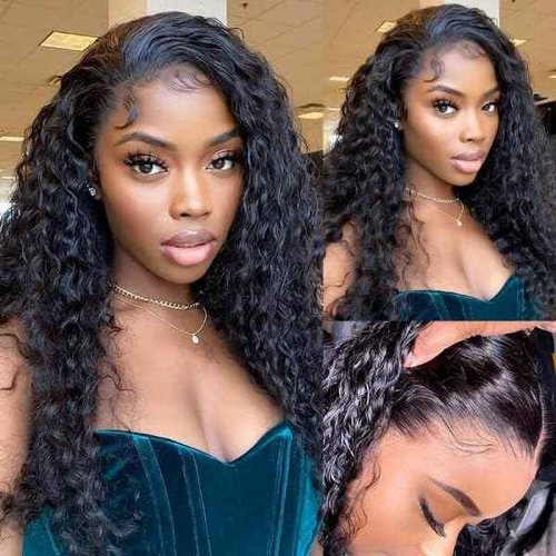 Qangelabeauty 13x4 Human Hair Lace Front Wigs for Black Women 180% Density Brazilian Deep Wave HD Transparent Lace Front Wig with Baby Hair Pre Plucked Bleached Knots(18inch,Natural Black)