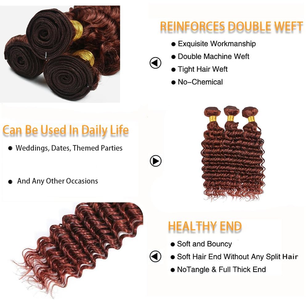 Giginger Bundles Human Hair 16 18 20 Inch Reddish Brown Deep Wave Bundles Color 33 Human Hair Deep Wave Unprocessed Quick Weave Soft Sewn In Hair Extensions for Black Women