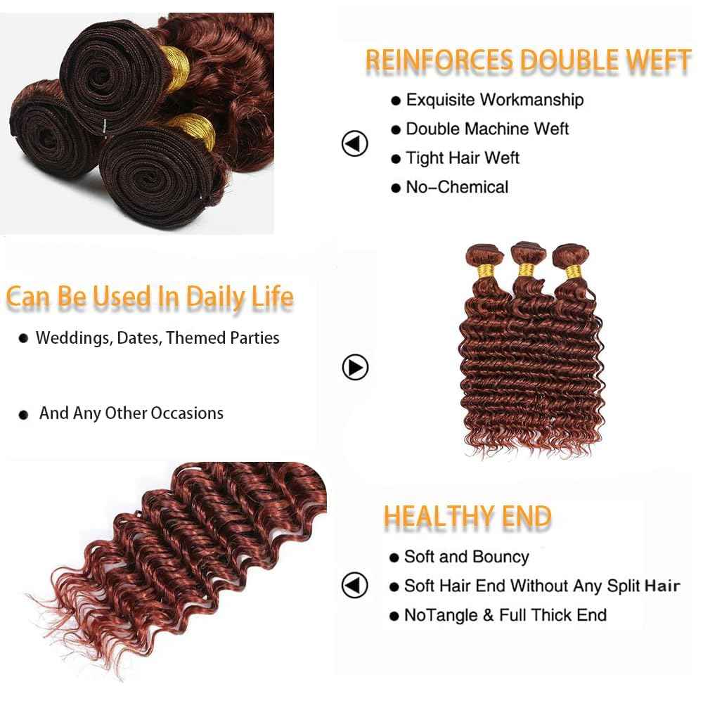 Giginger Brazilian Human Hair Bundles 22 24 26 Inch Reddish Brown Deep Wave Bundles Color 33 Human Hair Deep Wave Unprocessed Virgin Quick Weave Hair for Black Women