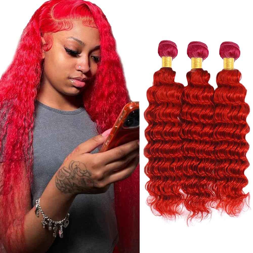 34 34 34 Inch Red Deep Wave Bundles Red Human Hair Bundles Grade 8A Brazilian Virgin Burgundy Deep Wave Hair Extensions