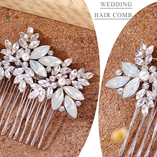 Foyte Crystal Wedding Hair Comb Leaf Bride Headpiece Silver Rhinestone Opal Hair Piece Bridal Side Hair Accessories for Women