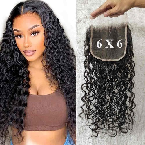 Forawme 10A Unprocessed Brazilian Hair Transparent Swiss Lace Closure 6X6 20 Inch 1B Soft Remy Human Hair Water Wave Lace Closure With Pre Plucked