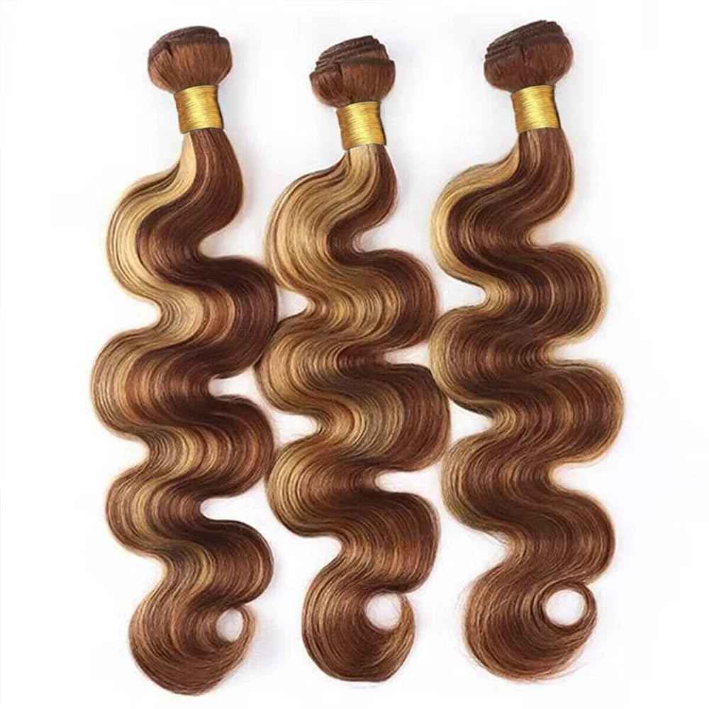 Honey Blonde Bundles Human Hair Reddish Brown Body Wave 3 Bundles 30 32 34 inch Peruvian Virgin Hair Weave Color #27 Bundle
