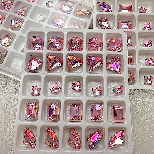 Dornail 25 Pcs Pink Nail Rhinestones & Charms, Shiny Butterfly & Heart Shapes, Rectangular Rhinestones & Diamonds for DIY Craft & Jewelry Nail Design