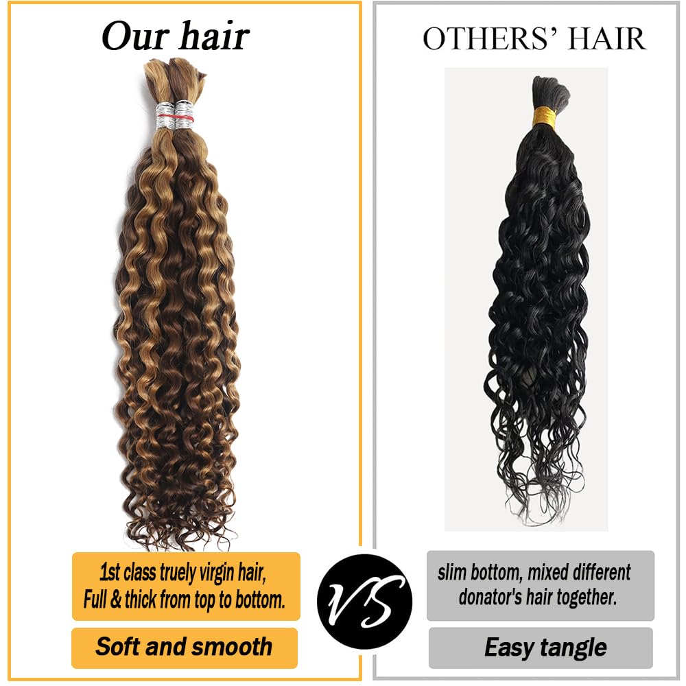 Human Braiding Hair for Boho Knotless Braids Bulk Curly Bundles Human Hair for Micro Braiding Wet and Wavy Water Wave No Weft Human Hair Extension for Box Boho Braids 100g with 2 Bundles 4/27#