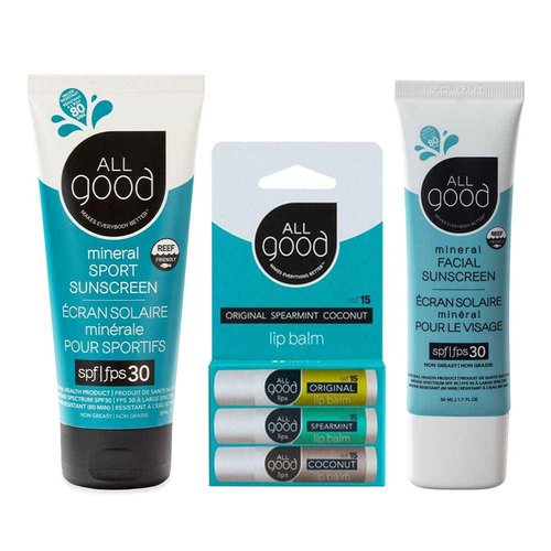 All Good SPF 15 Lip Balm, Mineral & Facial Sunscreen Bundle - Broad Spectrum SPF 30+, Water Resistant - Includes (1) SPF 30 Sport Sunscreen, (1) Lip Balm SPF 15 3-Pack and (1) Facial Sunscreen