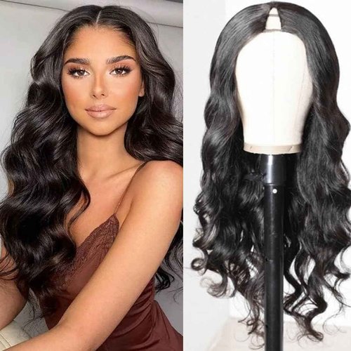 Long Wavy V Part Wigs For Black Women, Wear&Go Upgrade U Part Wig, Glueless Half Wig Heat Resistant Synthetic Hair Soft As Human Hair (24 Inch) (Natural Black, 24 Inch)