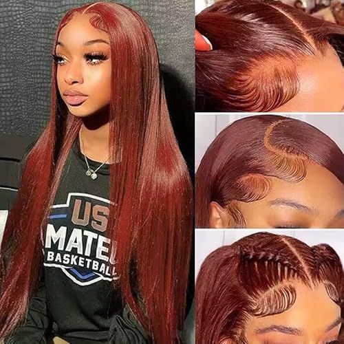 Reddish Brown Lace Front Wigs Human Hair For Black Women 13x4 HD Transparent Straight Lace Front Wigs with Baby Hair Cooper Red Glueless Wigs Pre Plucked (22 Inch, Reddish Brown)