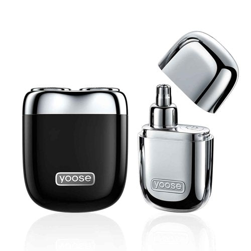 yoose Grooming Bundle: Nose Hair Trimmer Silver and Mini Shaver Black, Alloy, Portable, Cordless, IPX7 Waterproof, USB-C Rechargeable, Easy Cleaninig