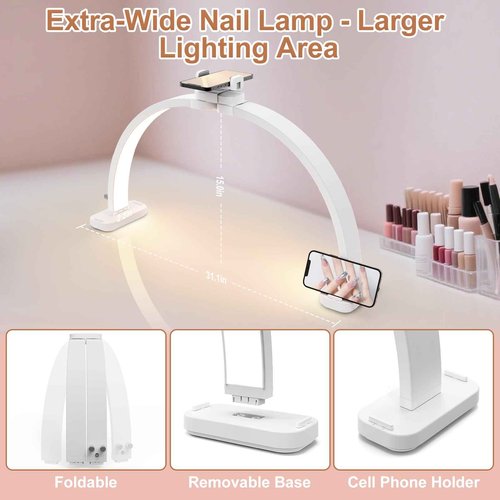 TONYFUL Large Half Moon Light for Nail Desk, 31" 45W Arch Light with Phone Holder, Foldable Manicure Lamp, Stepless Dimming & 3 Color Temperature, Led Desk lamp for Nail, Tattoos, Eyebrows, Beauty