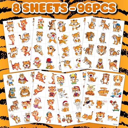 96PCS Tiger Temporary Tattoos Themed Wild Safari Jungle Zoo Animal Birthday Party Decorations Favors Supplies Cute Tattoo Stickers Gifts For Kids Boys Girls School Prizes Rewards Carnival Christmas