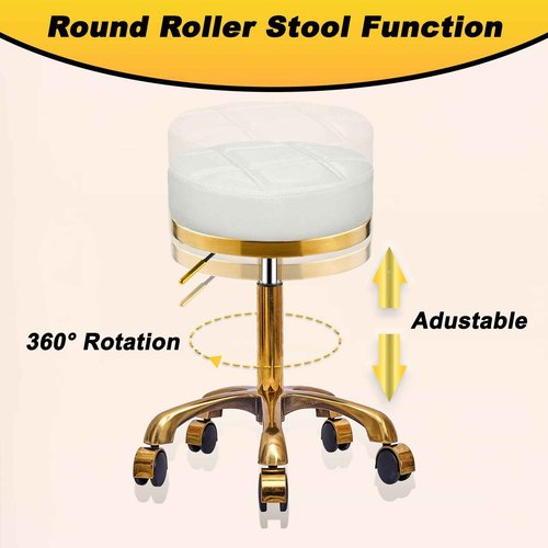 Gold Rolling Vanity Stool with Wheels, Padded Seat, Adjustable Round Rolling Chair, Office Work Stool, Pedicure Salon Spa Massage Esthetician Chair For Hair Salons, Spas, Tattoo (white, Without Back)