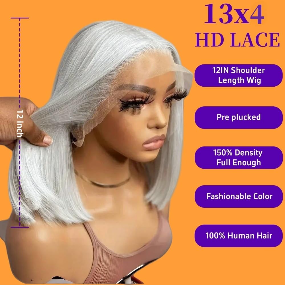 #60 Silver Grey White Platinum Blonde Wigs Human Hair for Women 10 Inch Silky Straight Ash Blonde Bob Lace Front Wigs with Baby Hair Pre plucked HD Transparent Lace Frontal 150% Density
