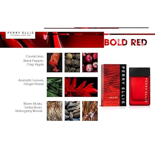Perry Ellis Bold Red Gift Set: 3.4 fl oz eau de toilette,3 oz aftershave,3 oz shower gel,.25 fl oz travel mini - lime, parsley, mandarin, nutmeg, cinnamon, lavender, sandalwood, patchouli, cedarwood