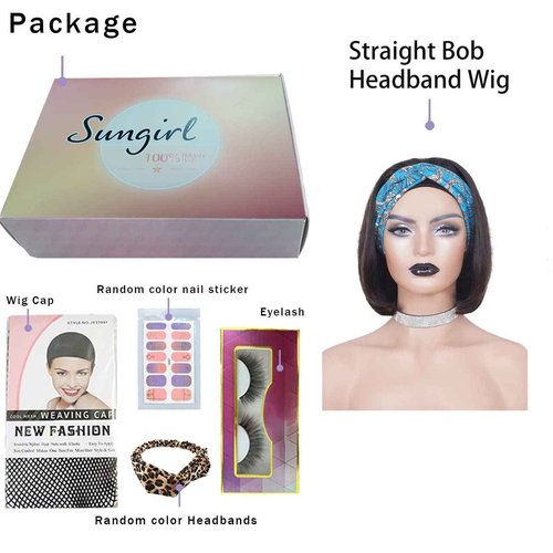 Headband Wig Human Hair for Women Straight Bob Human Hair Headband None Lace Wig Glueless Short Bob Wigs 100% Brazilian Virgin Hair Wear and Go Wigs Natural Color 12 Inch