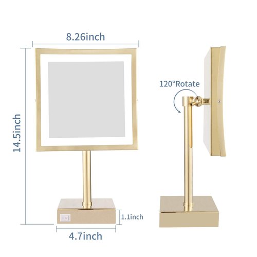 DOWRY Tabletop LED Lighted 5X Magnifying Makeup Mirror Square with Plug 8 Inch Polished Gold Finished