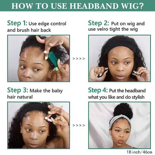 Headband Wig Human Hair 18 Inch Kinky Straight Headband Wigs for Black Women Yaki Straight Human Hair Headband Wig Half Wig Human Hair Natural Black Color