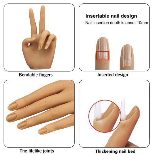 Silicone Practice Hand for Acrylic Nails, Bendable Female Mannequin Life Size Practice Hand with Stand for Nails Practice Nail Art Tools (3#-2P)