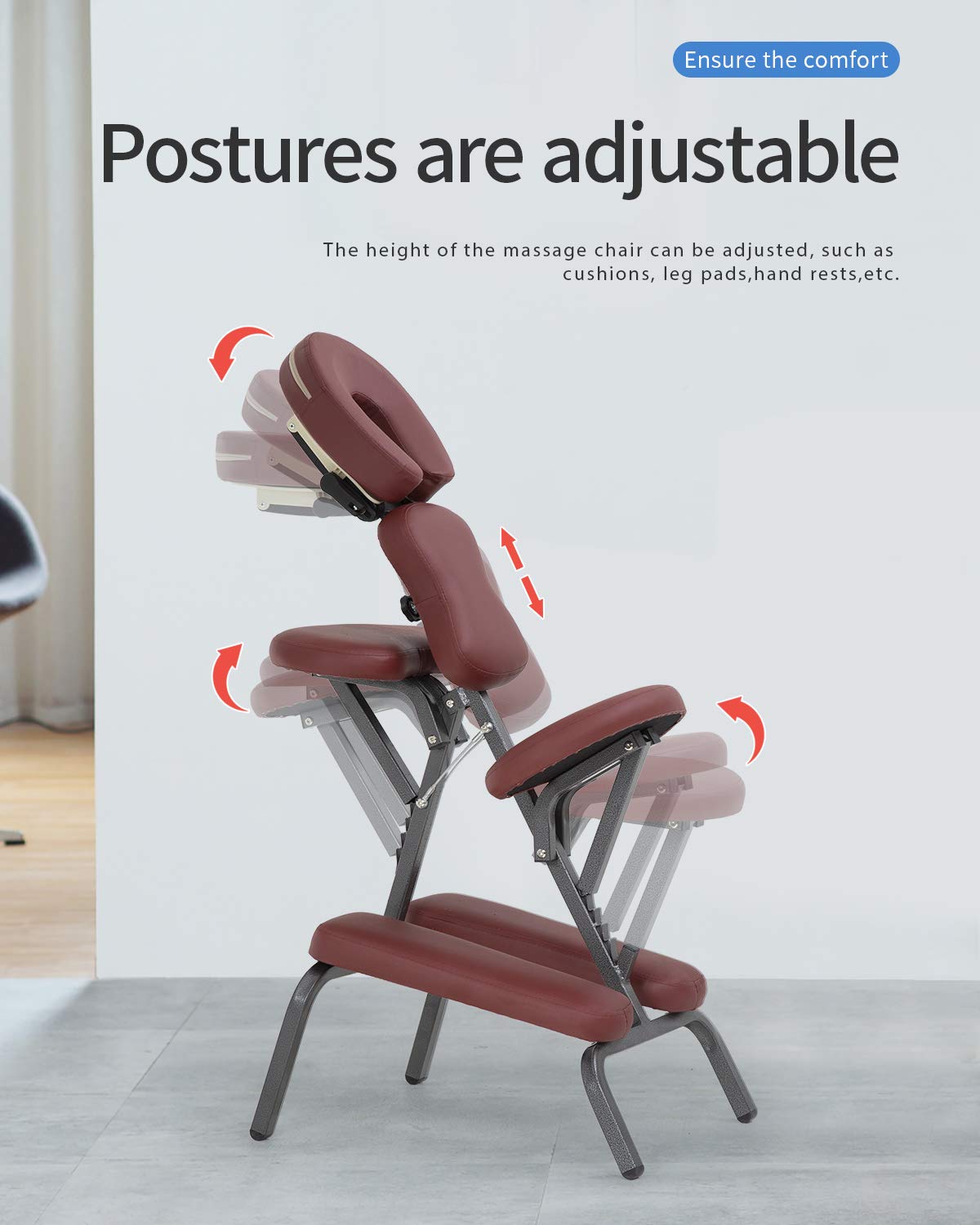 PayLessHere Massage Chair Portable Tattoo Chair Folding Height Adjustable 2 Inch Thick Sponge Light Weight Therapy Chairs Carring Bag Face Cradle Travel Spa Chairs,Burgundy