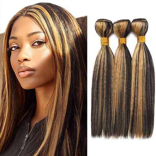 BilltiiWW P1B/27 Straight Bundles Color 27 Human Hair Mixed With 1B Brazilian Straight Bundles Natural Blonde Highlight Human Hair for Black Women 18 20 22 Inch
