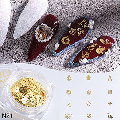 3D Christmas Nail Stickers Charm Decoration Decals 3 Boxes Christmas Gold Nail Sequins Snowflake Snowman Bell Elk Santa Claus Design Acrylic Nails Supplies Glitter for Christmas Party Accessories