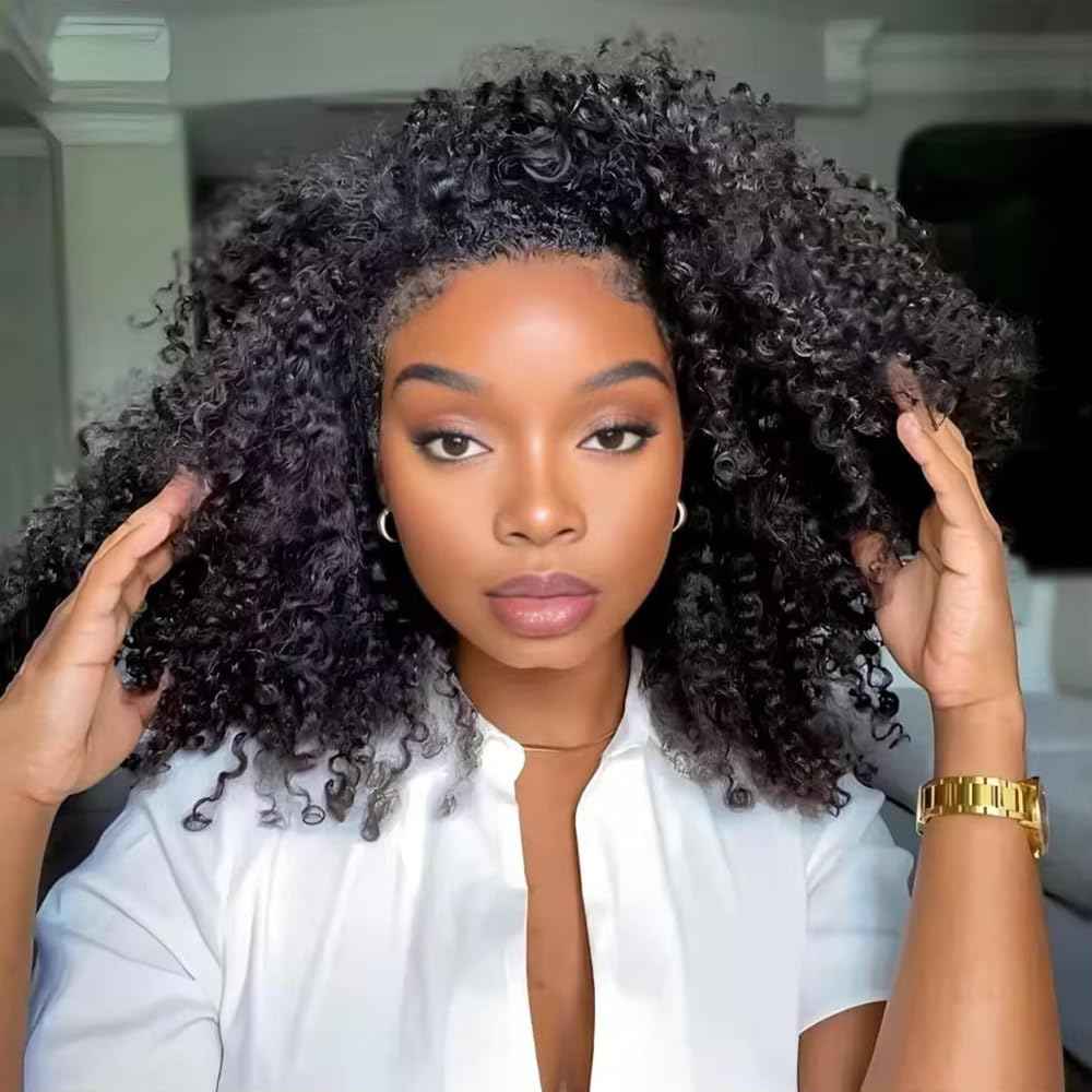 Kinky Curly Half Wig Human Hair 200% Density 3 In 1 Seamless Clip Ins Flip Over Half Wig Wear and Go Glueless Wigs Human Hair for Women Drawstring Headband Wig Beginner Friendly (Black, 20 Inch)
