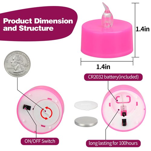 KOABY 12 Pack Pink Light Non-Flickering Flameless Tea Lights, Pink Base, Last 100H+, Battery Operated Tea Lights for Decor