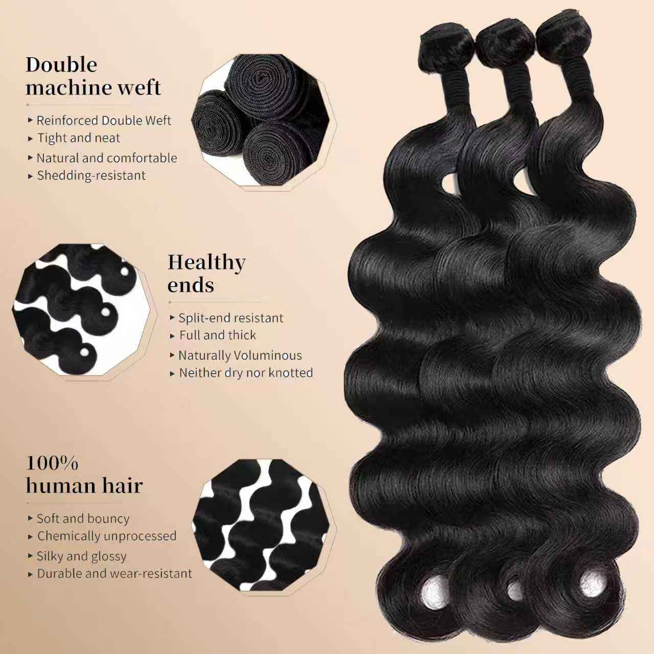 12A Unprocessed Brazilian Human Hair Body Wave human hair bundles 3 Bundles 14 16 18 Inch 300g/Pack Natural Black soft Smooth Double Weft Quick Weft Extensions for Women
