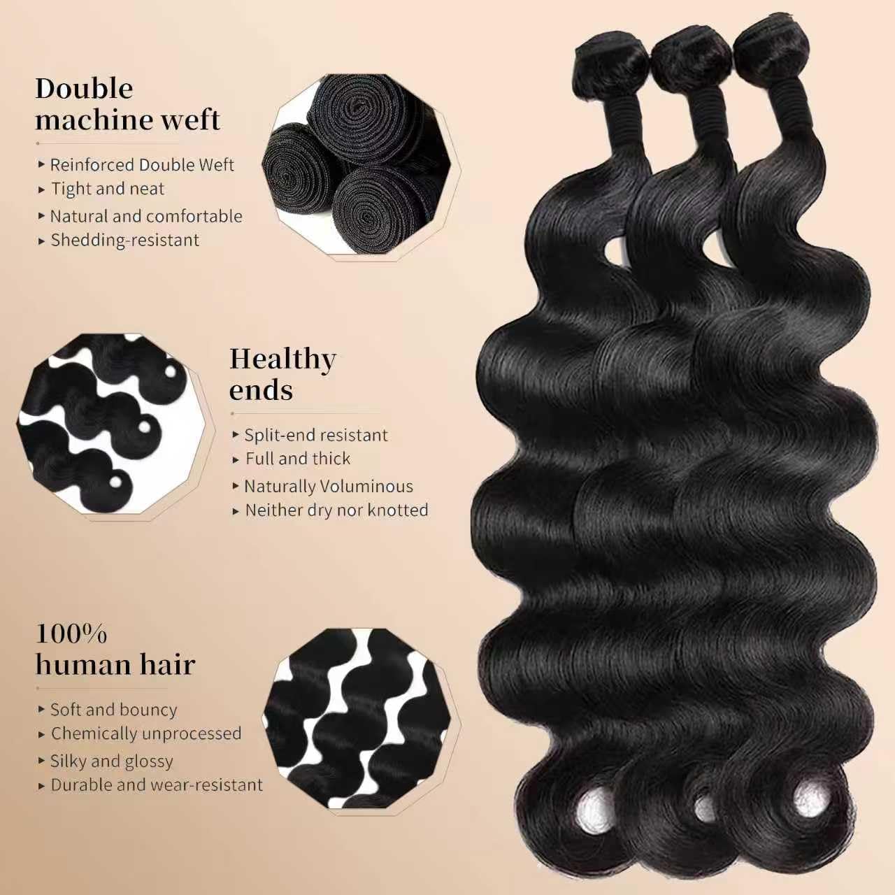 12A Unprocessed Brazilian Human Hair Body Wave human hair bundles 3 Bundles 20 22 24 Inch 300g/Pack Natural Black soft Smooth Double Weft Quick Weft Extensions for Women