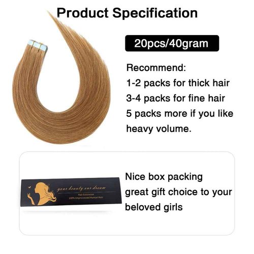 Amella Hair Tape in Hair Extensions Human Hair Silky Straight Remy 24 inches #27 Light Brown Color 20pcs 40g