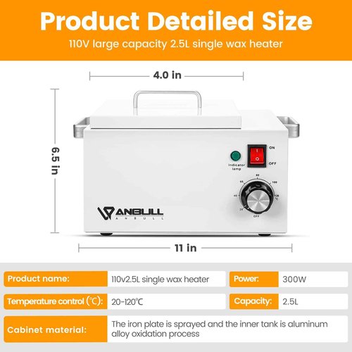 Anbull 5.5lb Professional Single Wax Warmer, Electric Lagre 2.5L Wax Heater Pot for Hair Removal with 20-120℃ Temperature Control, Paraffin Hot Facial Skin SPA Equipment