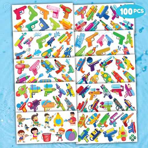 100 PCS Pool Summer Water Gun Temporary Tattoos Sticker Beach Themed Birthday Party Decorations Favors Supplies Gifts Girls Boys Water Game Cute Tattoo Songkran Festival School Reward