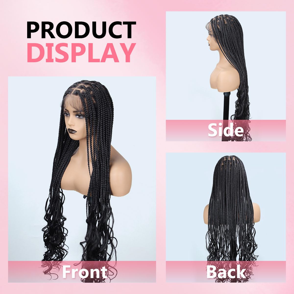 lounoke 36 Inch Braided Wigs With Curly Ends, 360 Single Full Lace French Curl Braided Wigs for Black Women Knotless Box Braid Wig with Baby's Hair