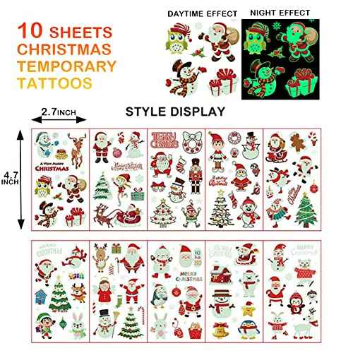 10 Sheets 105PCS Christmas Temporary Tattoos for Kids Glow in the Dark Tattoos for Boys Girls Christmas Decorations Face Makeup Tattoos Stickers, Holiday Party Supplies