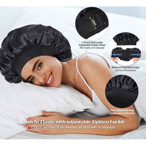 Silk Bonnet for Sleeping Double Layer Satin Bonnet Adjustable Bonnets for Black Women Sleep Cap Reversible Hair Bonnet for Curly Hair (Black and Purple)