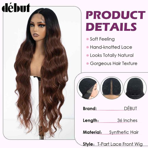 DÉBUT Long Wavy Lace Front Wigs Ombre Brown Middle Part Body Wave Wig for Women Slight Pre Plucked Hairline with Baby Hair 36 Inches Chocolate Brown Color