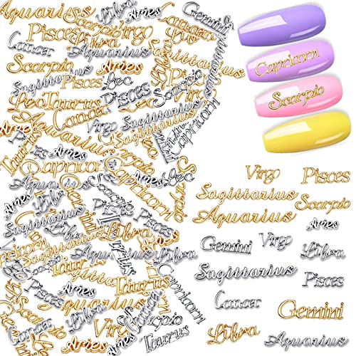 Zodiac Nail Charms, 3D Zodiac Nail Charms for Acrylic Nails, Alloy Twelve Constellation Zodiac Virgo Leo Aries Taurus Gemini Capricorn Charms for DIY Nail Art (D-96pcs)