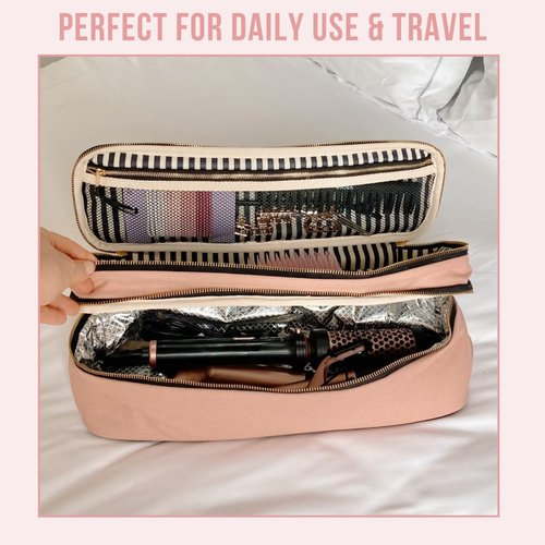 Bag-all Double Hair Tools Travel Bag | Curling Iron Travel Case Heat Resistant | Traveling Case for Grooming Supplies | Hair Straightener Pouch for Hot Tools for Women | Pink