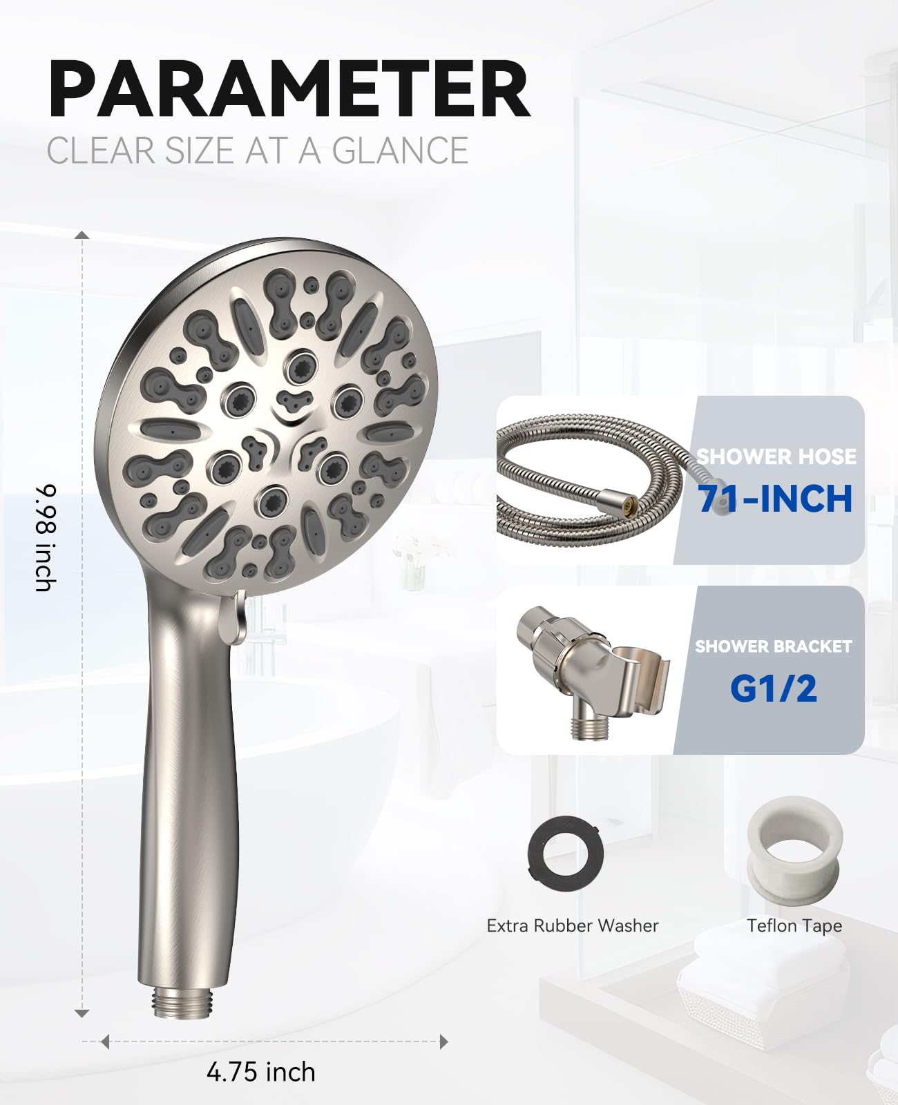 JDO Shower Head with Handheld, High Pressure Handheld Shower Head 9 Settings, Detachable Shower Head Set with Stainless Steel Hose and Shower Bracket (Brushed Nickel)